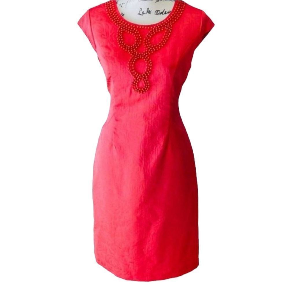 Kataya Collection Coral Beaded Floral Embossed Cap Sleeve Sheath Dress size 10